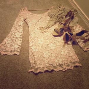 Bundle, dress, heels, triangle scarf all beige