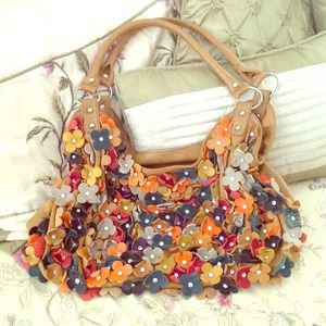 Tan Handbag Colorful Leather Flowers & Rhinestones