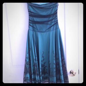 Teal party dress with black overlay
