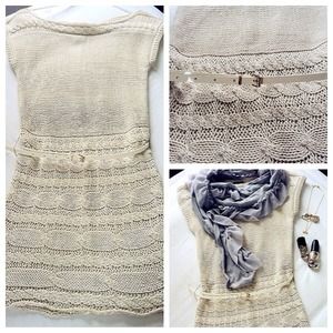 Beige Sweater with White Skinny Belt.