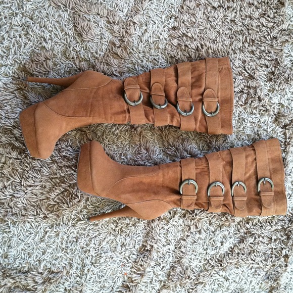Tall camel suede 4 buckle boots