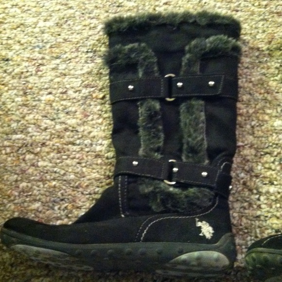 Black faux fur polo boots.