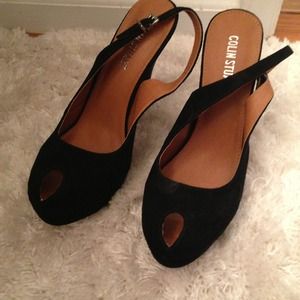 Colin Stuart suede black peep toe sling backs.