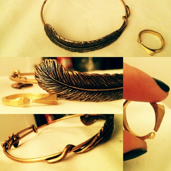 Gold Feather bracelet with Gold matching ring