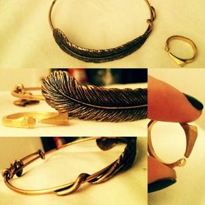 Gold Feather bracelet with Gold matching ring