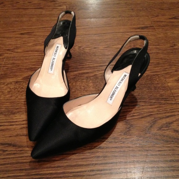Authentic Black Manolo Blahnik Satin Slingback