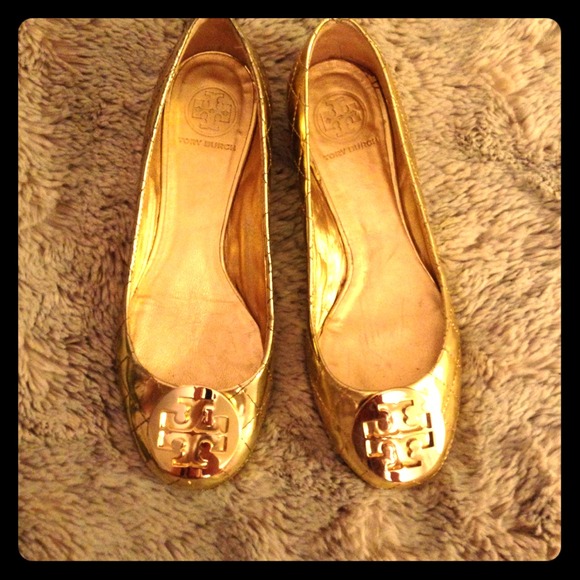 Tory Burch 7.5 Gold Metallic Quilted Flats Shoes