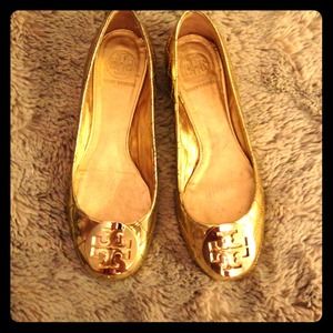 Tory Burch 7.5 Gold Metallic Quilted Flats Shoes