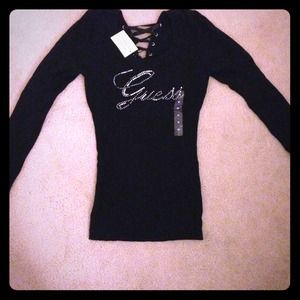 Guess rhinestone & tie up back long sleeve top