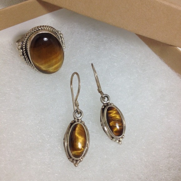 Genuine Tiger Eye Silver Earrings
