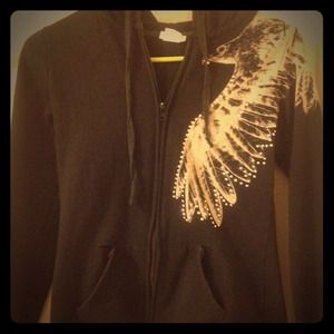 Black hooded eagle studded zip sweater