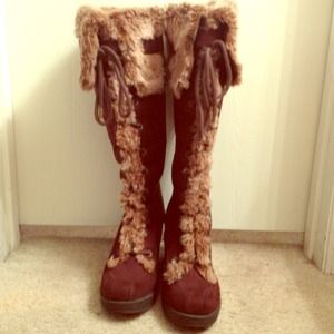 Brown with fur wedge boots