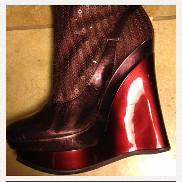 Knee High Burgundy Sequin Platform Boots...