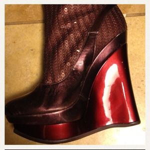 Knee High Burgundy Sequin Platform Boots...