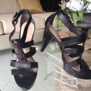 Black leather gladiator platform heels 6.5