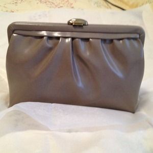 Taupe patent leather clutch
