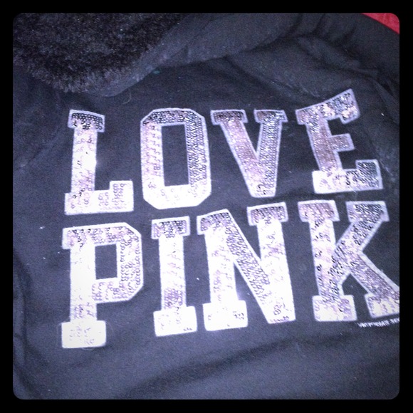 Victoria secret black fur lined bling zip hoodie