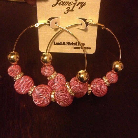 Pink/Gold mesh ball hoop earrings