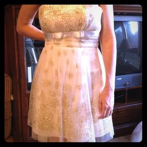 Cream strapless w gold glitter flowers