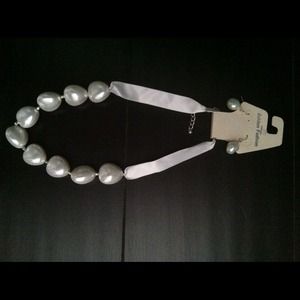 Faux Pearl and White Ribbon Necklace