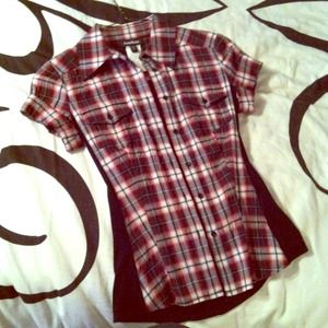 Bebe red and black plaid, fitted shirt.