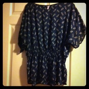 Navy blouse with peacock feather print
