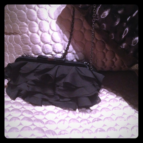 Dressy black ruffle clutch with chain strap