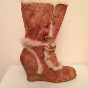 Suede and Faux Fur Wedge Boots