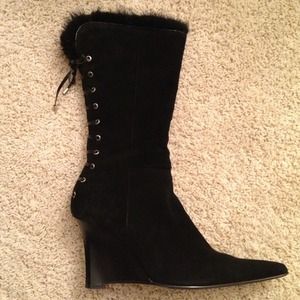 Black Suede with Fur Wedge Heel Boots