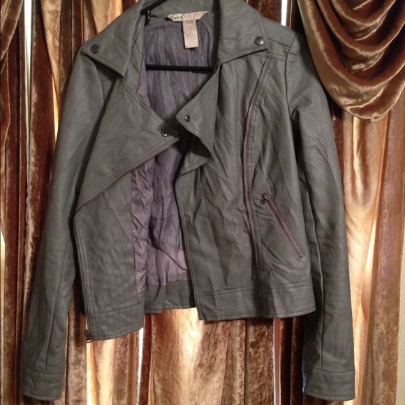 Gray leather jacket.