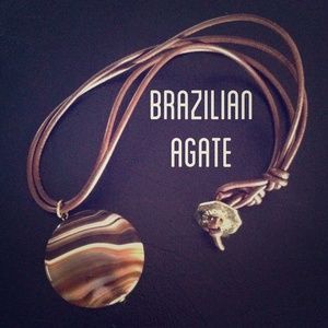 Leather strand with Brazilian banded agate pendant