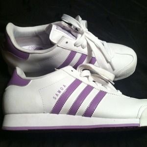 Purple and White Adidas Samoas