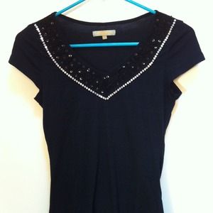 Black sequined and beaded v-neck