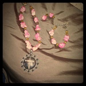 Pink turquoise necklace, bracelet and earrings set