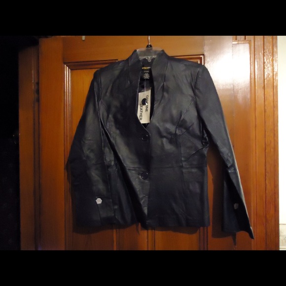 Navy blue hip length leather jacket