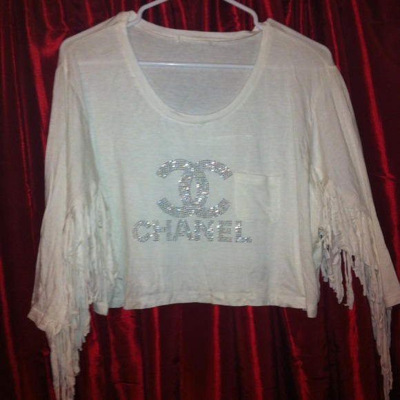 Loose Cropped Top w/Fringes and Rhinestone Decor