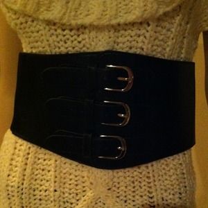 Wide black Triple Buckle leather & Elastic belt