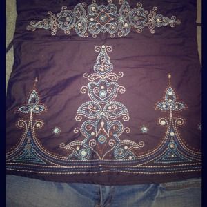 Bold embroidered brown halter top.