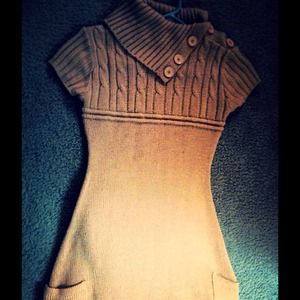 Sand colored knit sweater dress.