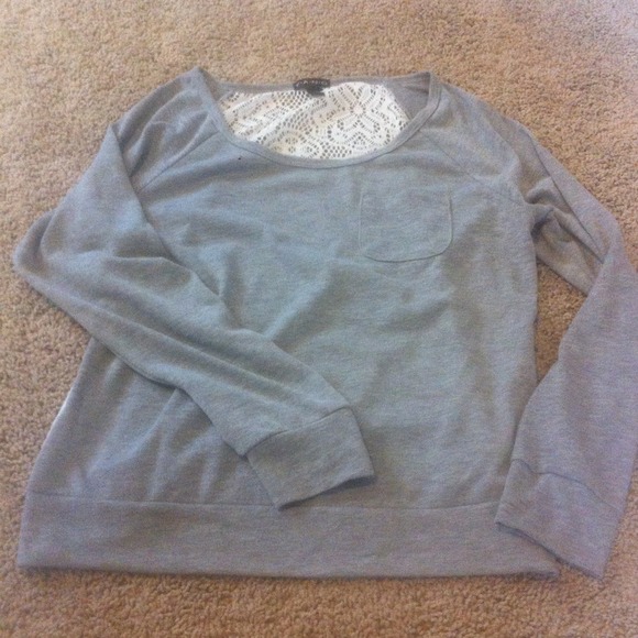 SOLD**Grey lightweight top w see thru lace in back