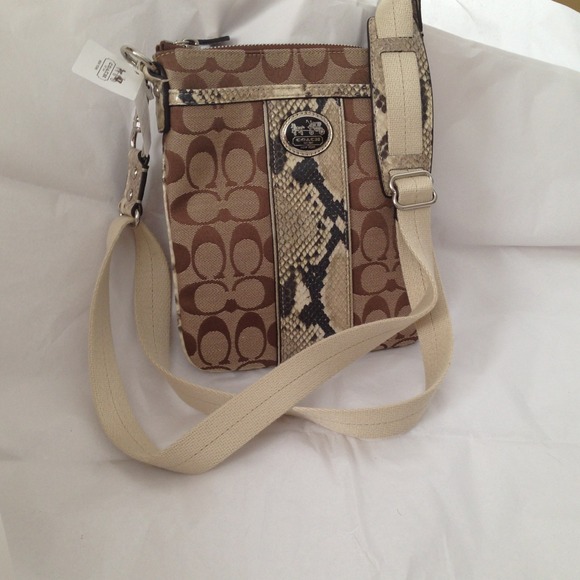 NWT Coach khaki and snakeskin cross body bag