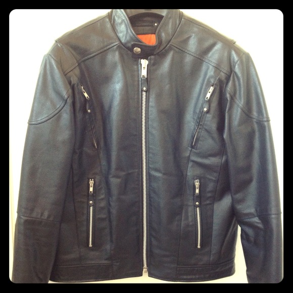 Men's black leather jacket.