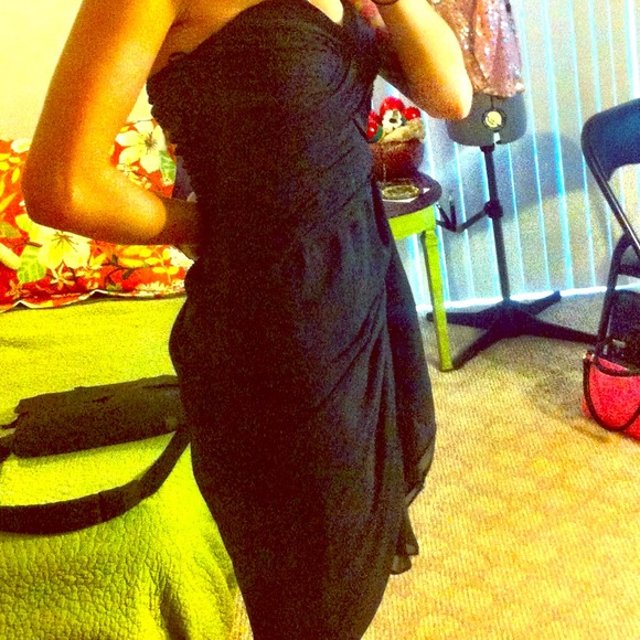 Above the knee strapless black cocktail dress