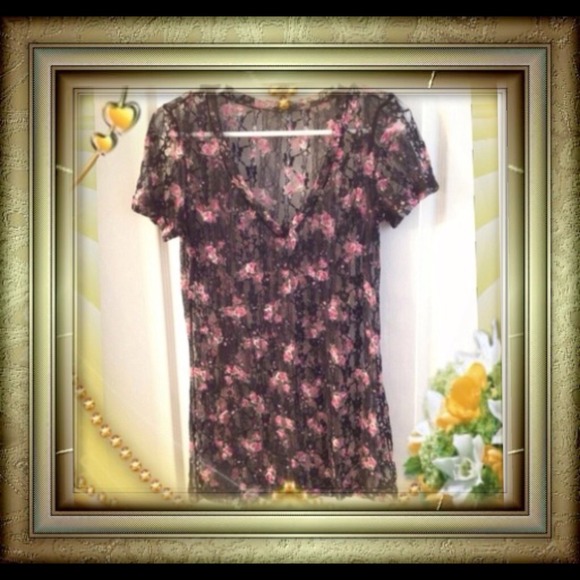 SHEER, Black Floral Top, Sz Lg