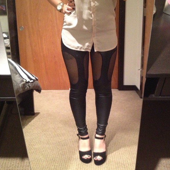 Pants - Faux Leather/Mesh Garter Leggings