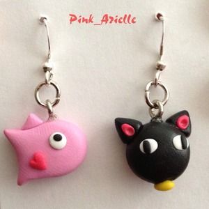 Cat and Fish dangling earrings