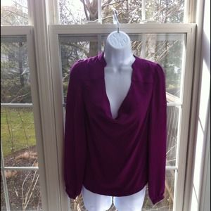 Long sleeve fuschia  silk blouse with cowl neck