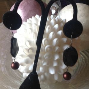 Black glass and faux pearl earrings
