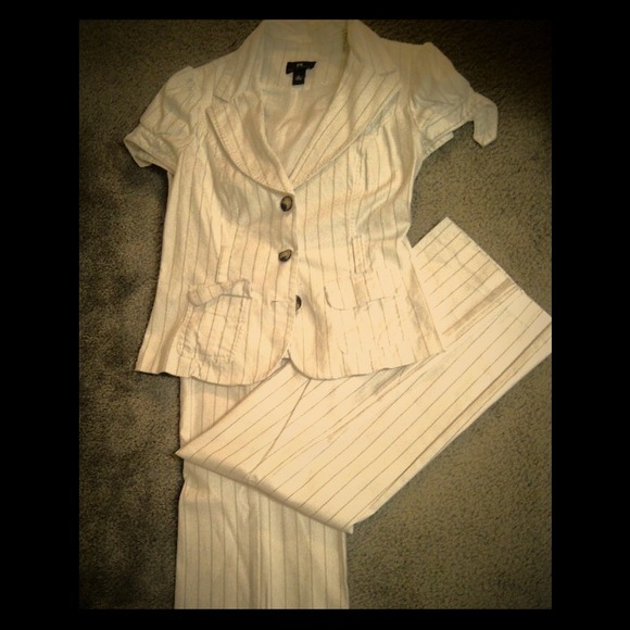 Cream with tan pinstripe pant suit - Picture 1 of 4