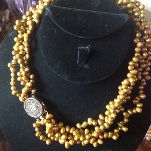 Bronze-gold pearl necklace w Chinese coin clasp